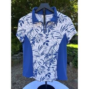 Weekends By Chico's Short Sleeve Blue & White Tropical Theme Top Women's Size 0